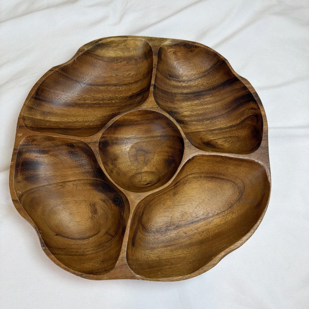 Monkey Pod Wood Serving Divided Appetizer Platter Bowl Tray MCM 11.5" Vintage‎